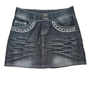 Studio G VTG Y2K Embroidered Rhinestone Denim Mini Skirt Dark Wash Sz 11/12